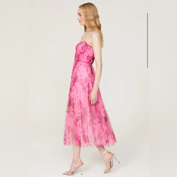 ML Monique Lhuillier Pleated Printed Tulle Midi Dress Women Size 8 - Picture 2 of 14